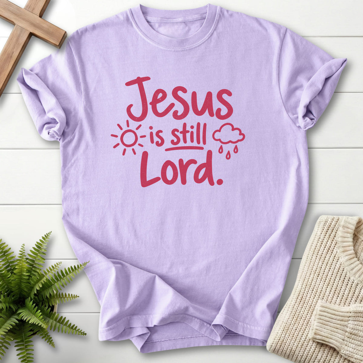 Orchid Jesus Is Still Lord T-shirt flat lay mockup, Christian apparel for women