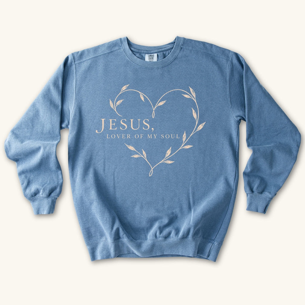 Blue Jean Jesus Lover of My Soul sweatshirt flat lay mockup, Christian apparel for women