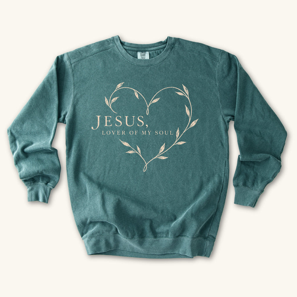 Blue Spruce Jesus Lover of My Soul sweatshirt flat lay mockup, Christian apparel for women