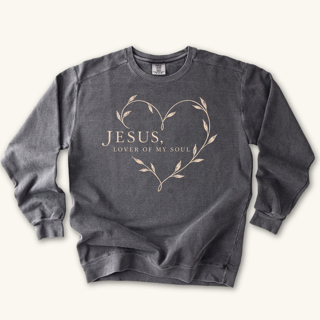 Pepper Jesus Lover of My Soul sweatshirt flat lay mockup, Christian apparel for women
