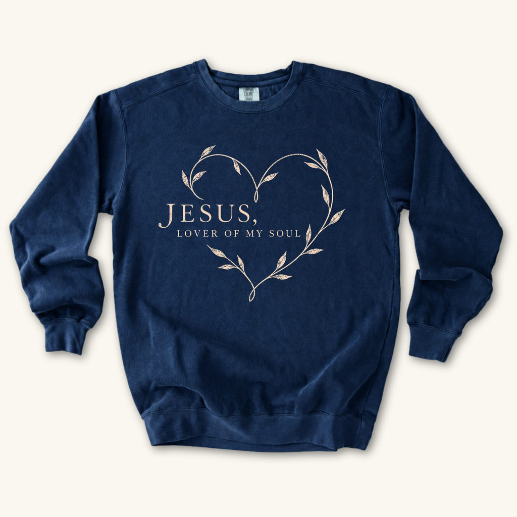 True Navy Jesus Lover of My Soul sweatshirt flat lay mockup, Christian apparel for women
