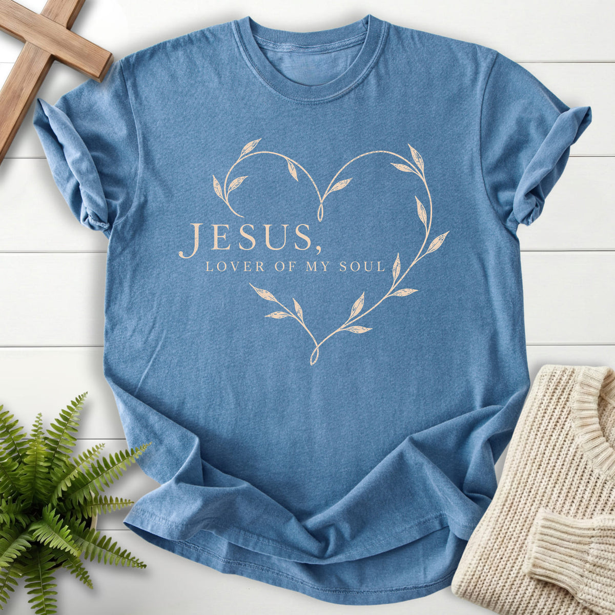 Blue Jean Jesus Lover of My Soul T-shirt flat lay mockup, Christian apparel for women