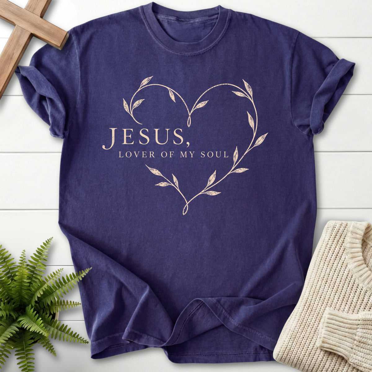 Grape Jesus Lover of My Soul T-shirt flat lay mockup, Christian apparel for women