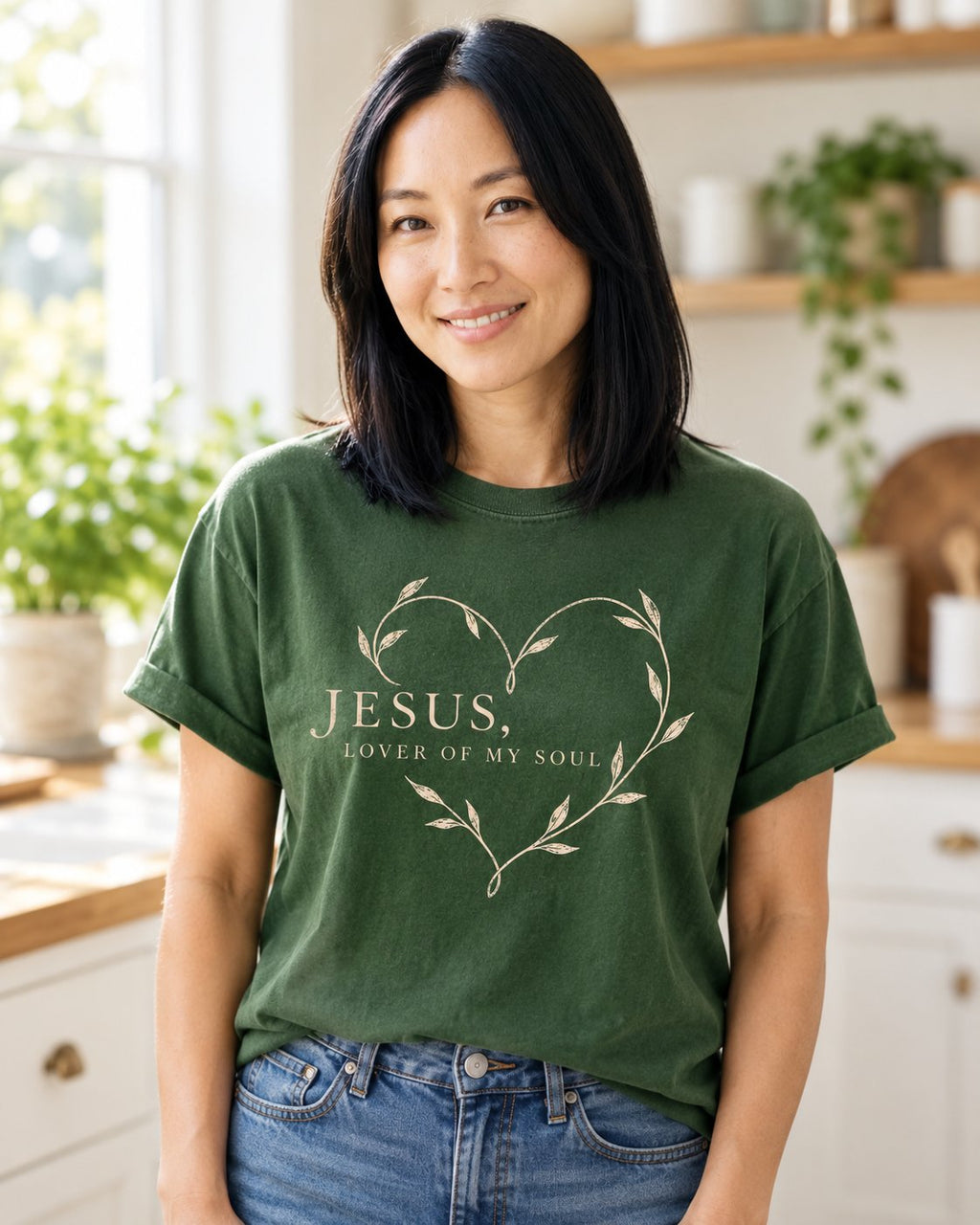 Jesus Lover of My Soul, Hemp women's Christian tee, lifestyle photo in morning kitchen setting, leafy vine heart around JESUS LOVER OF MY SOUL, She Wears Faith