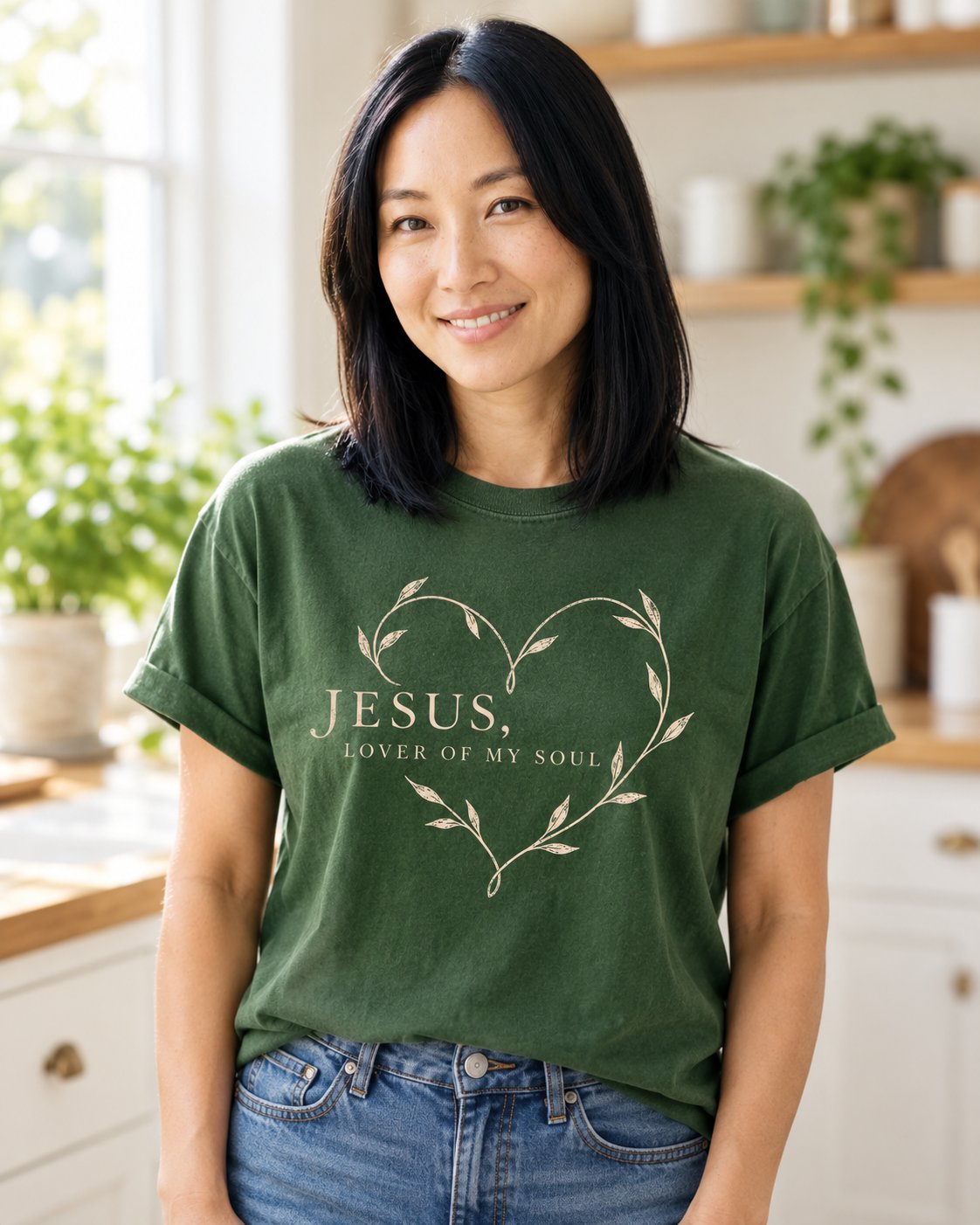 Jesus Lover of My Soul, Hemp women's Christian tee, lifestyle photo in morning kitchen setting, leafy vine heart around JESUS LOVER OF MY SOUL, She Wears Faith