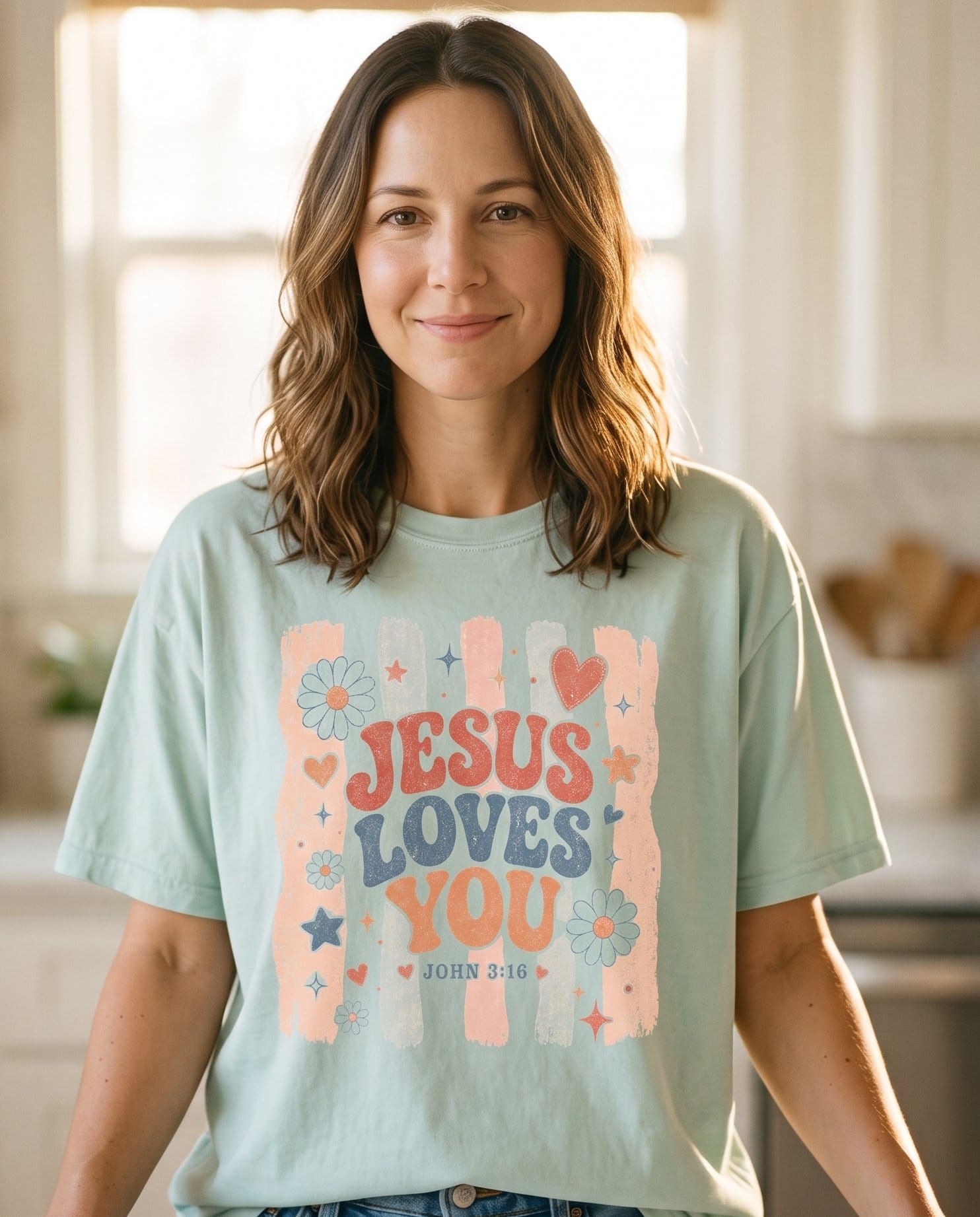 Jesus Loves You – Bay women's Christian tee, lifestyle photo in morning kitchen setting – Retro groovy lettering "Jesus Loves You" on a striped background with  – John 3:16 – She Wears Faith