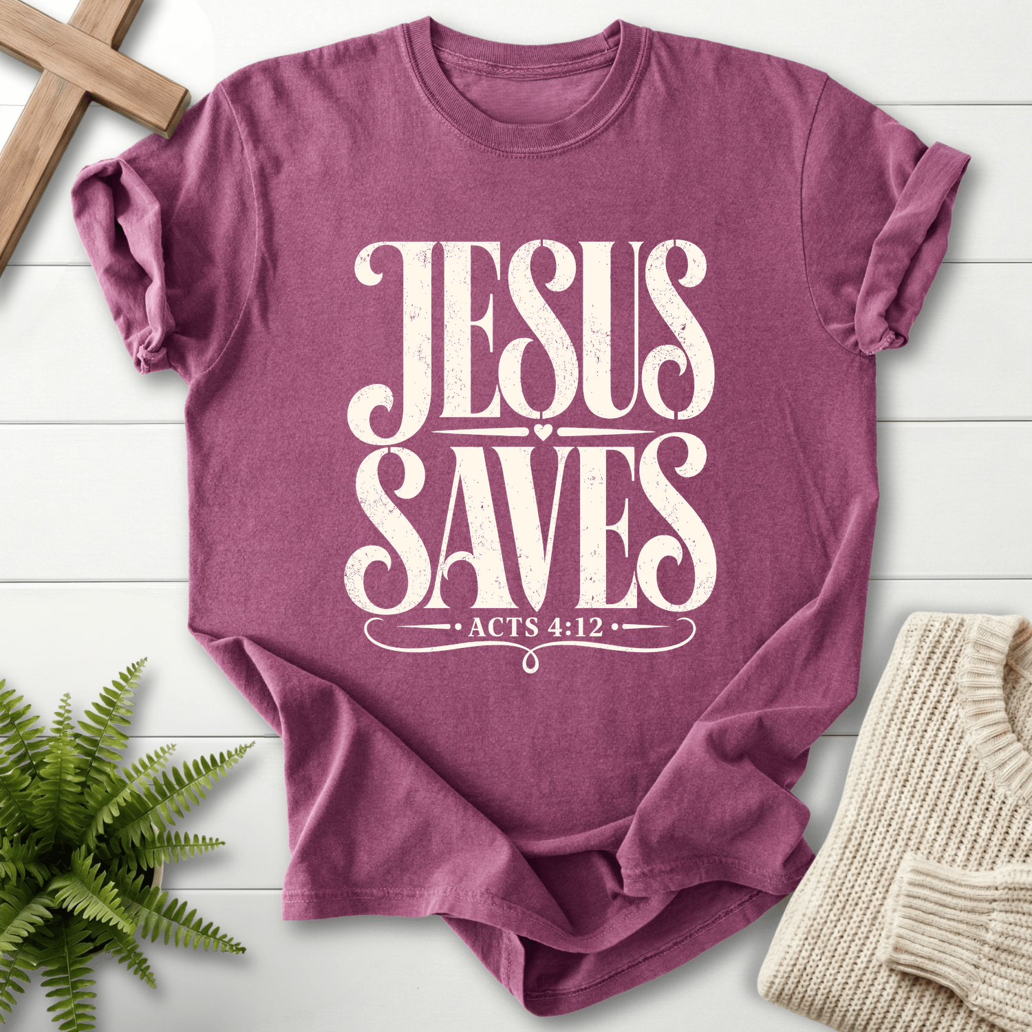 Jesus Saves Acts 4:12 T-Shirt in Berry | She Wears Faith