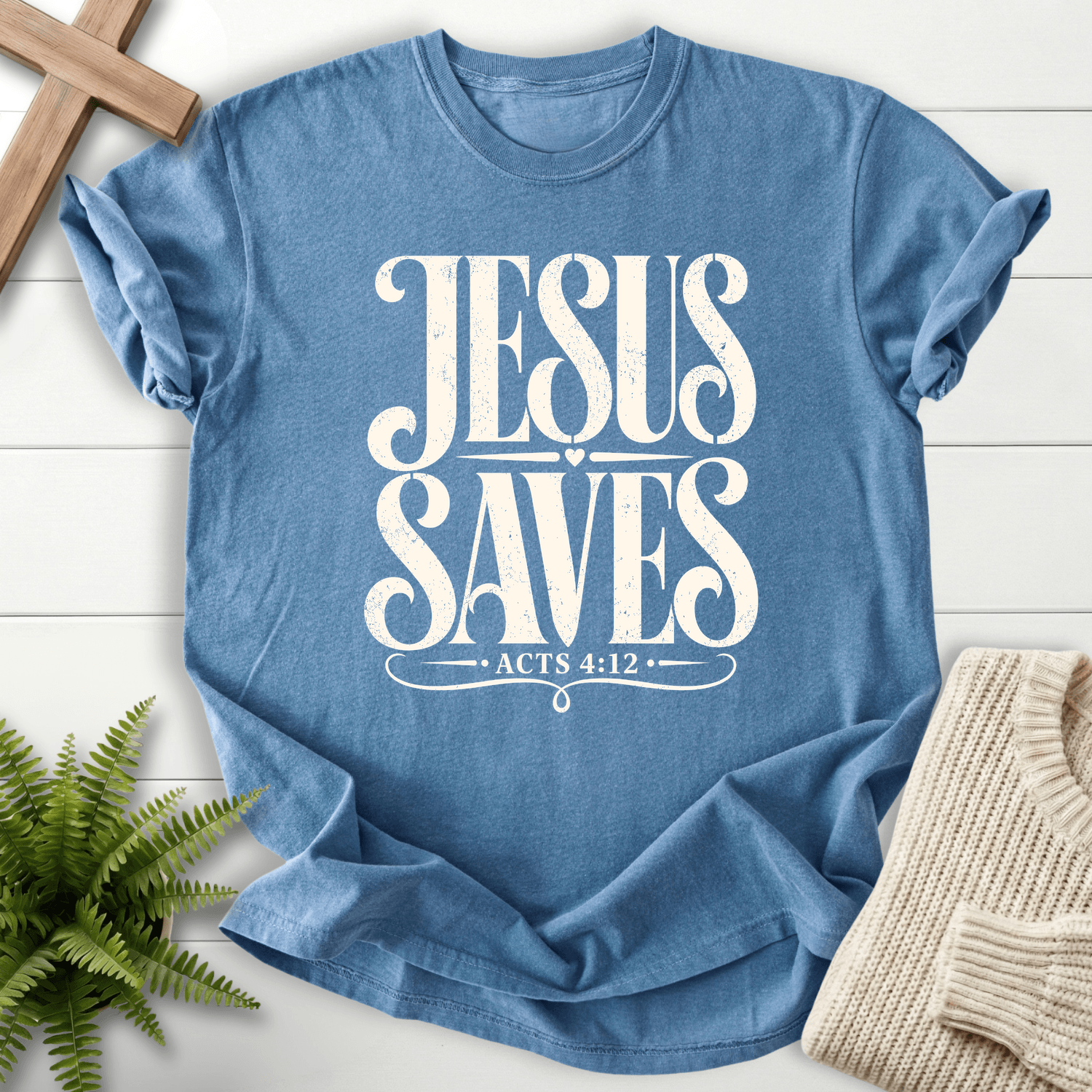 Jesus Saves Acts 4:12 T-Shirt in Blue Jean | She Wears Faith