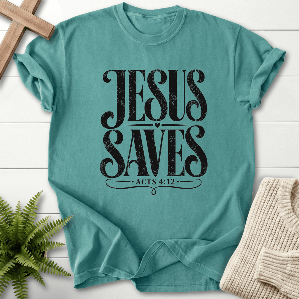 Jesus Saves Acts 4:12 T-Shirt in Chalky Mint | She Wears Faith