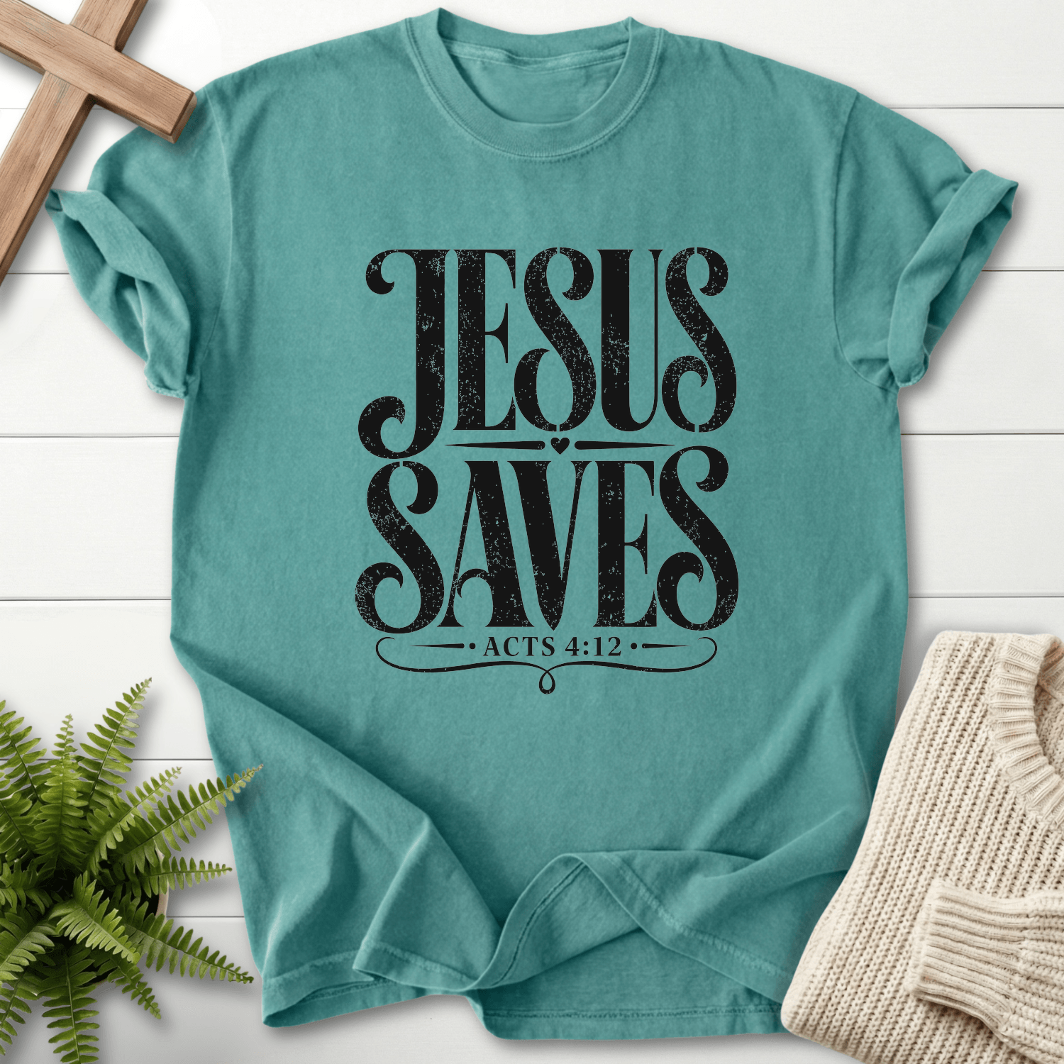 Jesus Saves Acts 4:12 T-Shirt in Chalky Mint | She Wears Faith