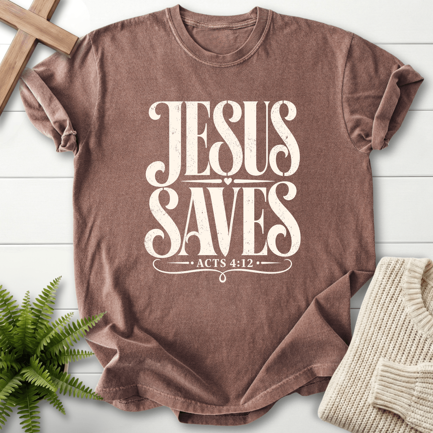 Jesus Saves Acts 4:12 T-Shirt in Espresso | She Wears Faith