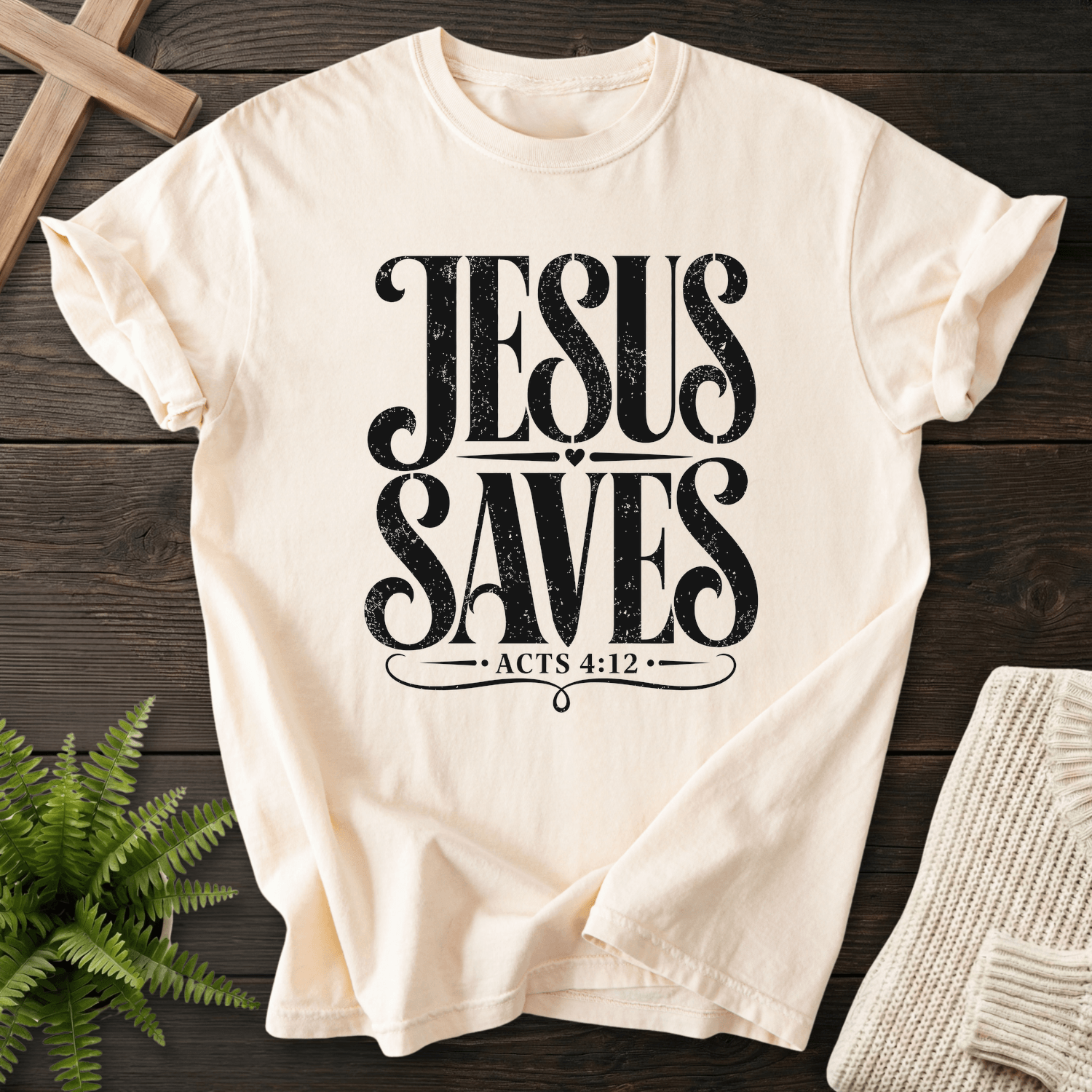 Jesus Saves Acts 4:12 T-Shirt in Ivory | She Wears Faith