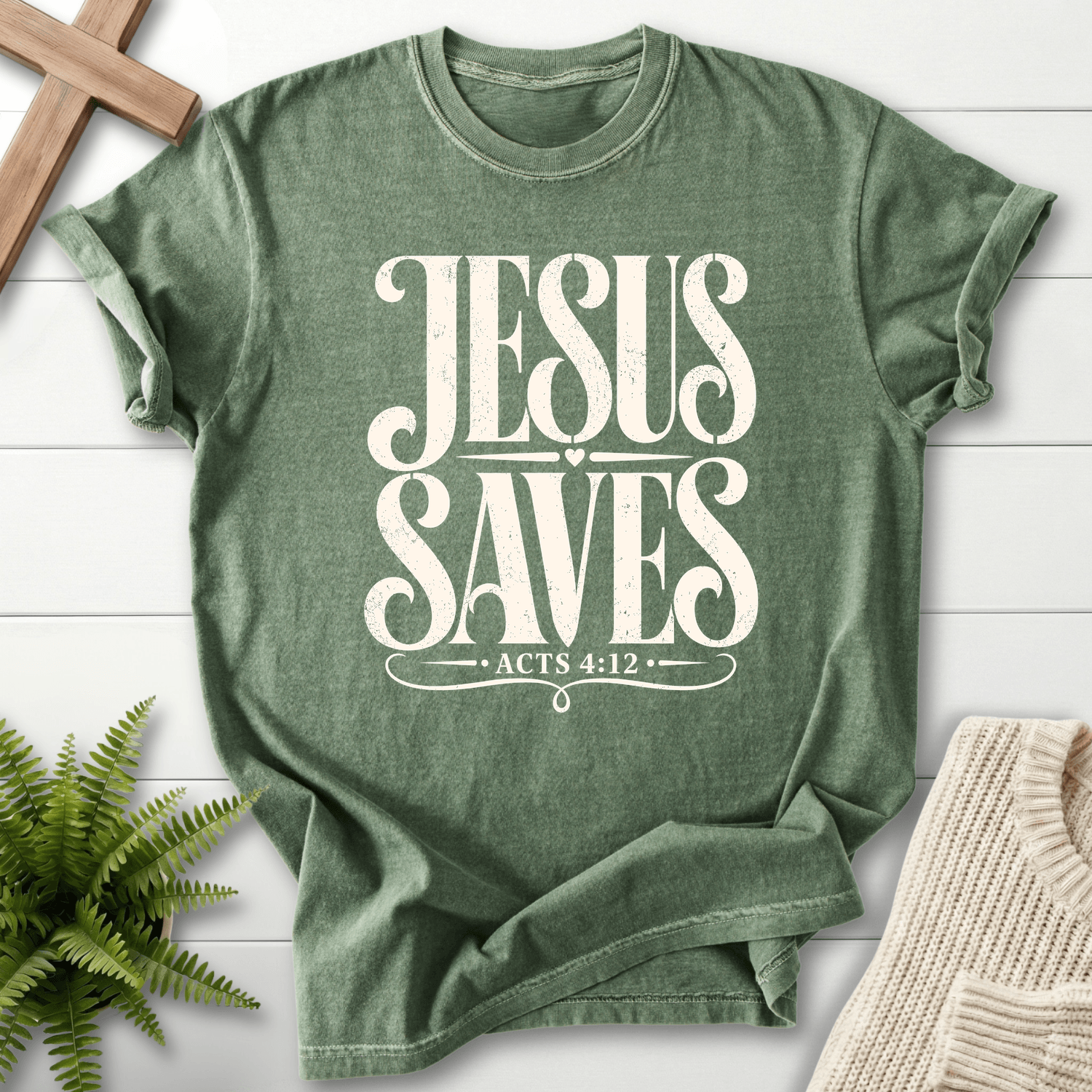 Jesus Saves Acts 4:12 T-Shirt in Moss | She Wears Faith