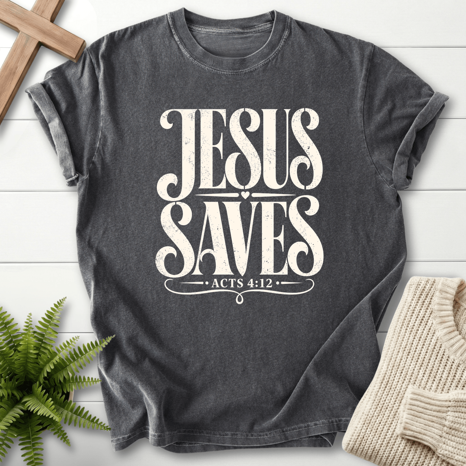 Jesus Saves Acts 4:12 T-Shirt in Pepper | She Wears Faith