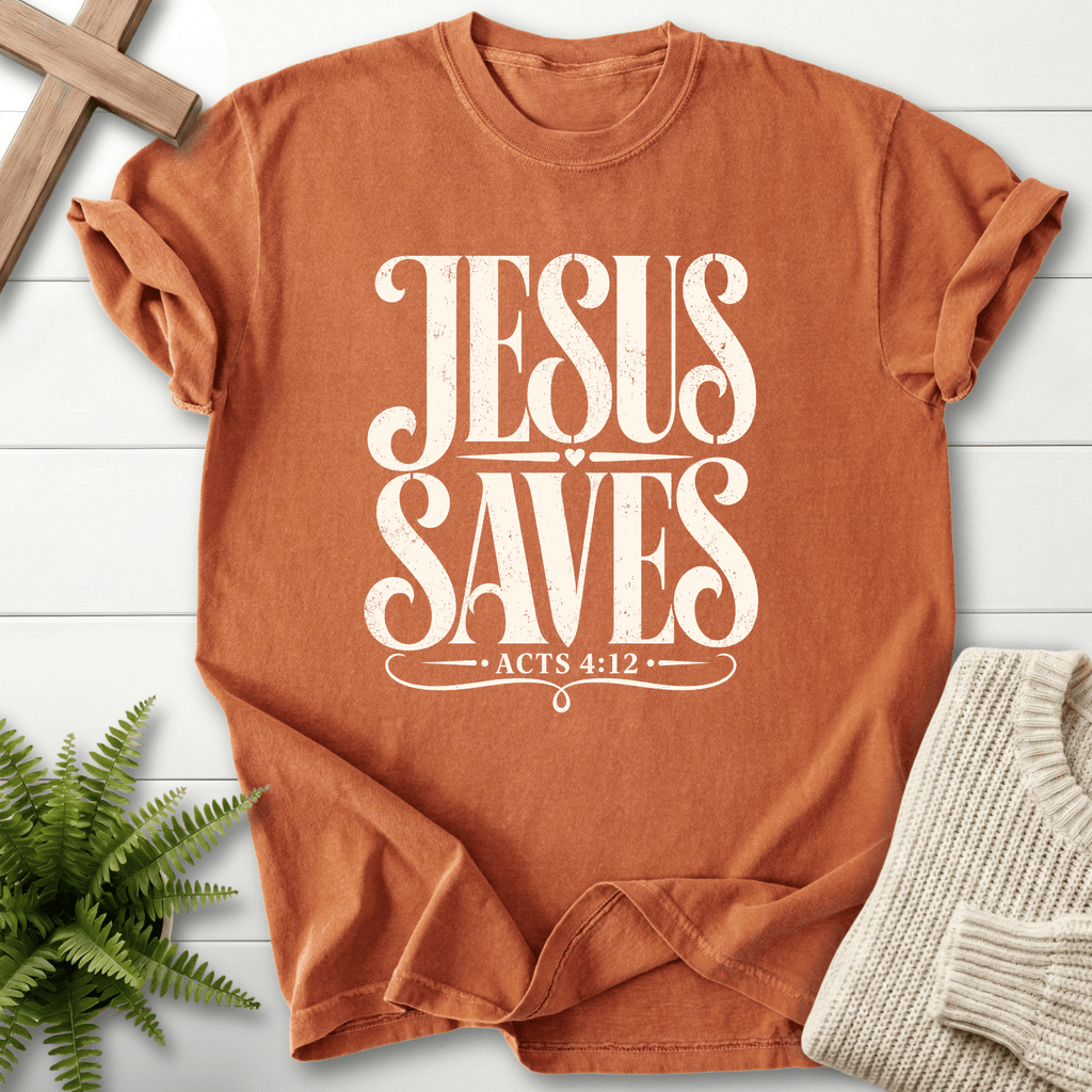 Jesus Saves Acts 4:12 T-Shirt in Yam | She Wears Faith