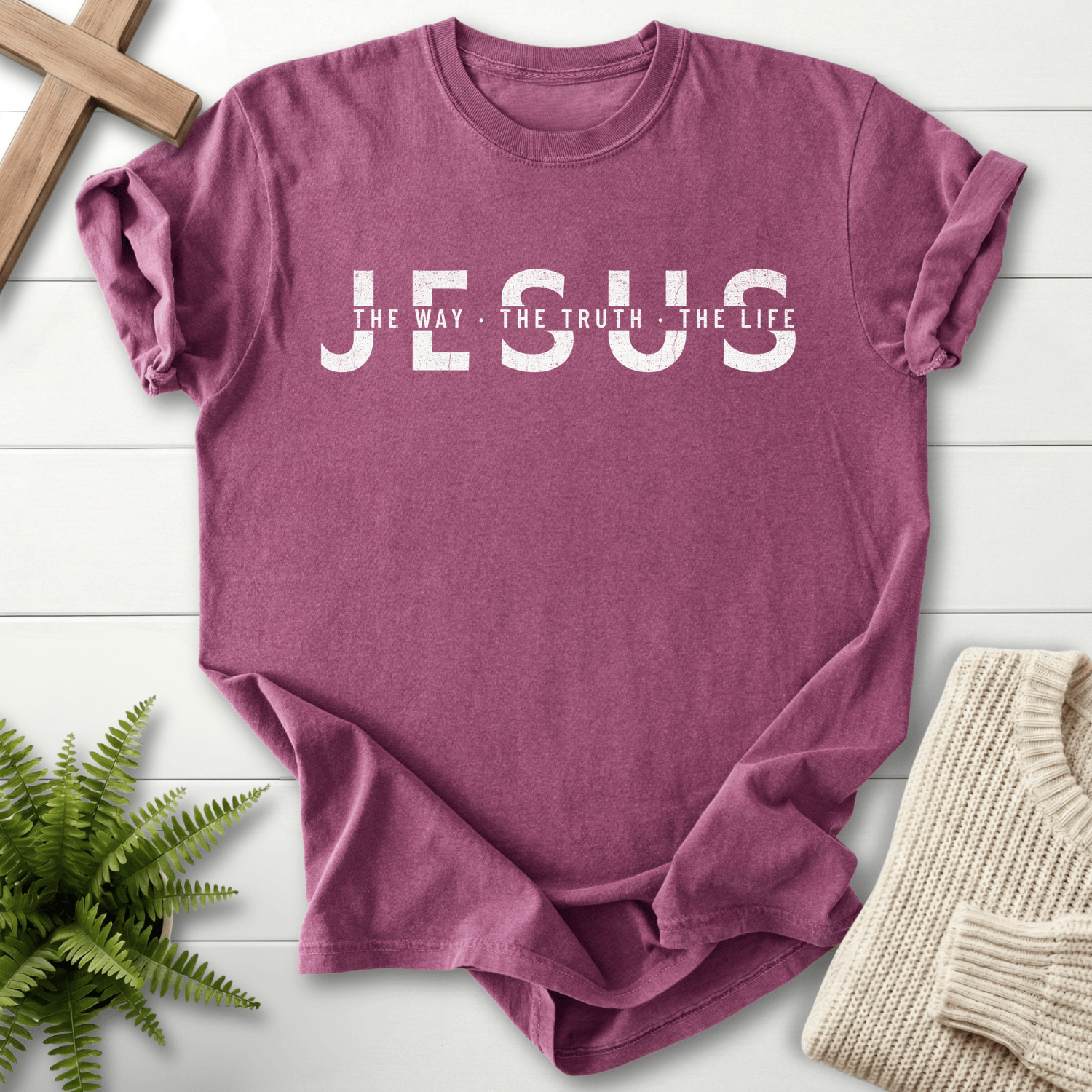 Berry women's Christian t-shirt with white grunge "JESUS The Way The Truth The Life" typography, Comfort Colors 1717