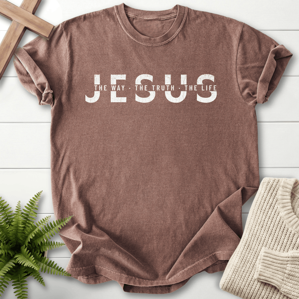 Espresso women's Christian t-shirt with distressed "JESUS The Way The Truth The Life" bold typography