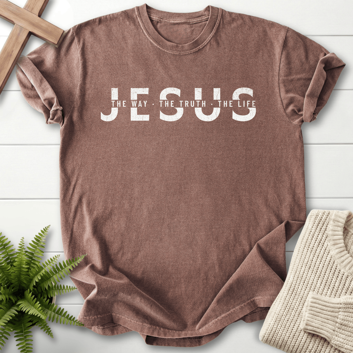 Espresso women's Christian t-shirt with distressed "JESUS The Way The Truth The Life" bold typography