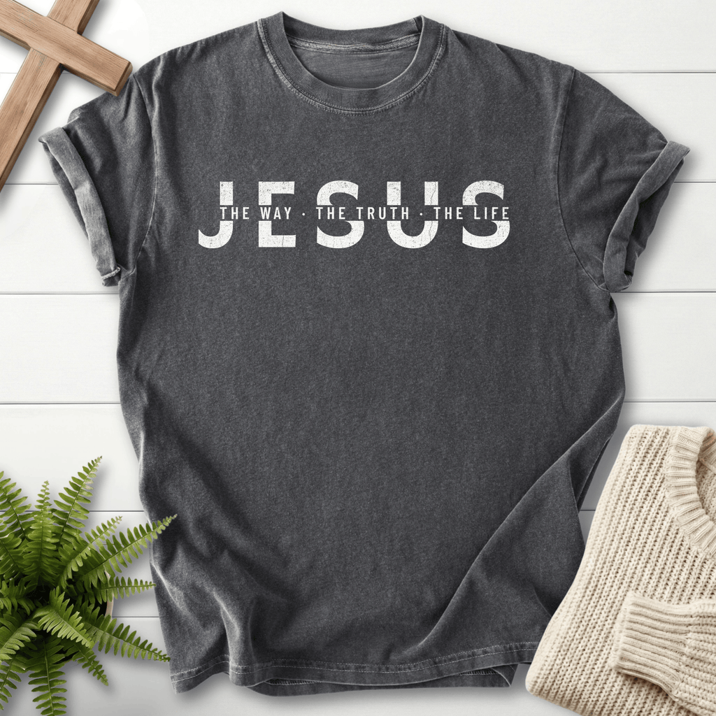 Pepper women's Christian t-shirt with "JESUS The Way The Truth The Life" grunge block letters