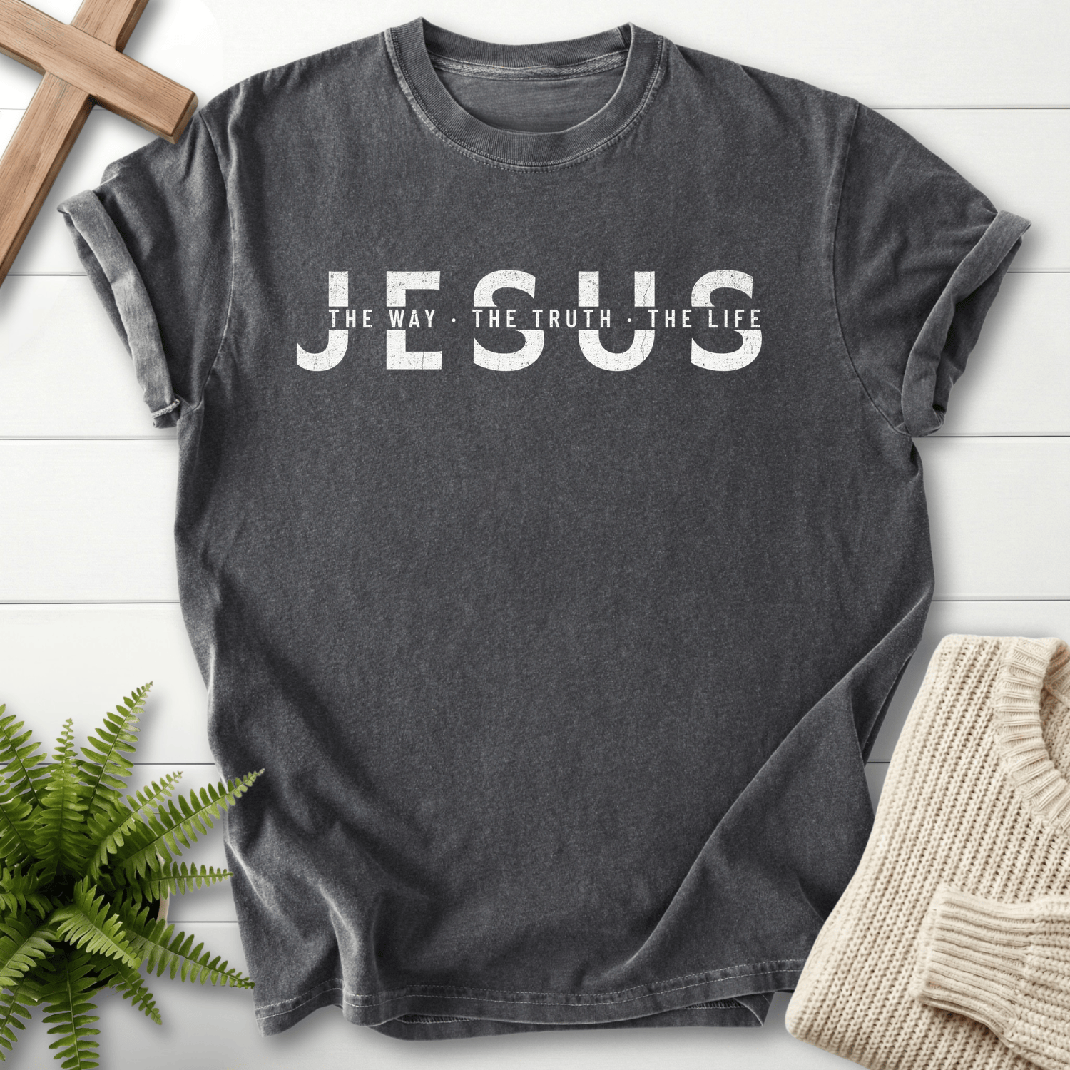 Pepper women's Christian t-shirt with "JESUS The Way The Truth The Life" grunge block letters