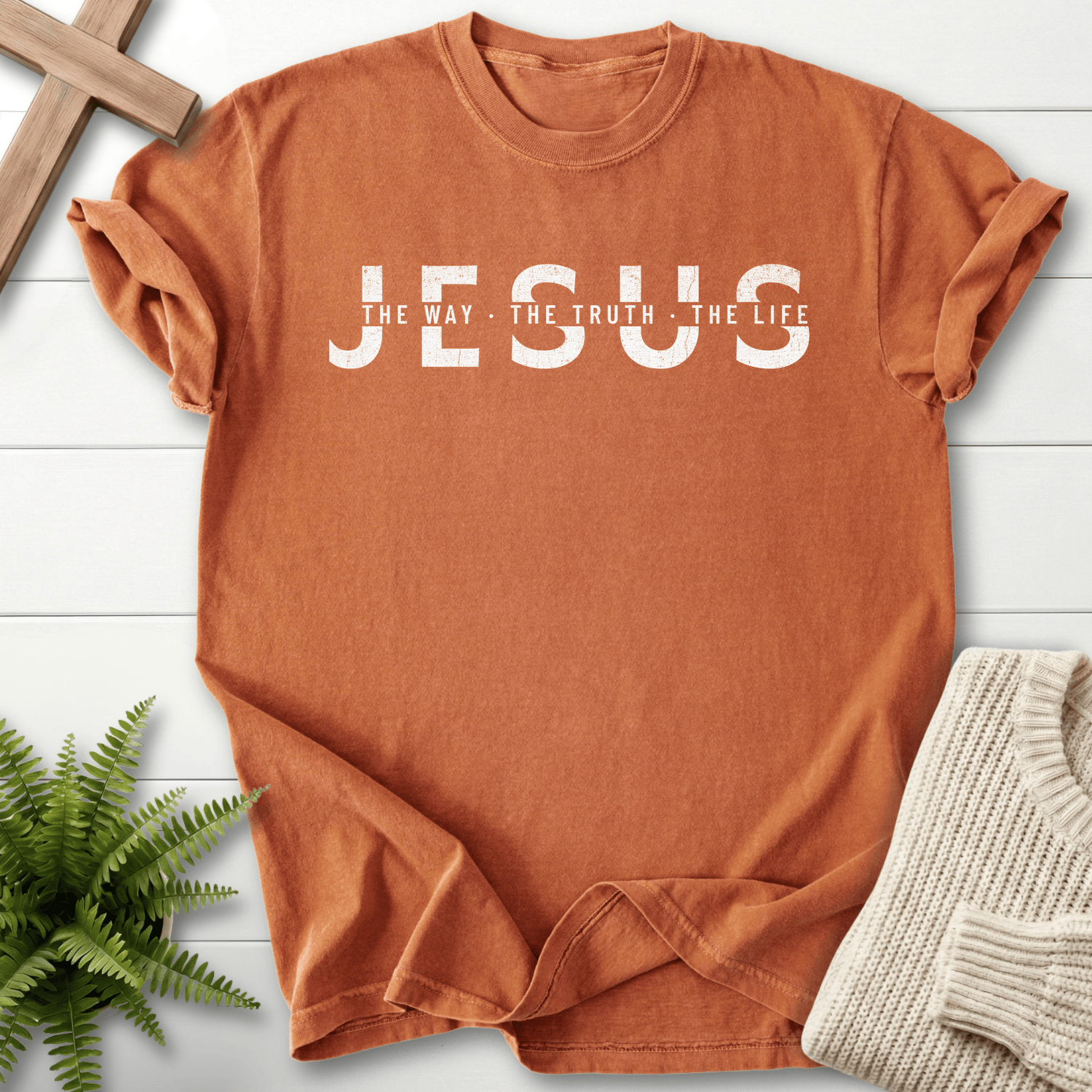 Yam women's Christian t-shirt with "JESUS The Way The Truth The Life" grunge block text, She Wears Faith