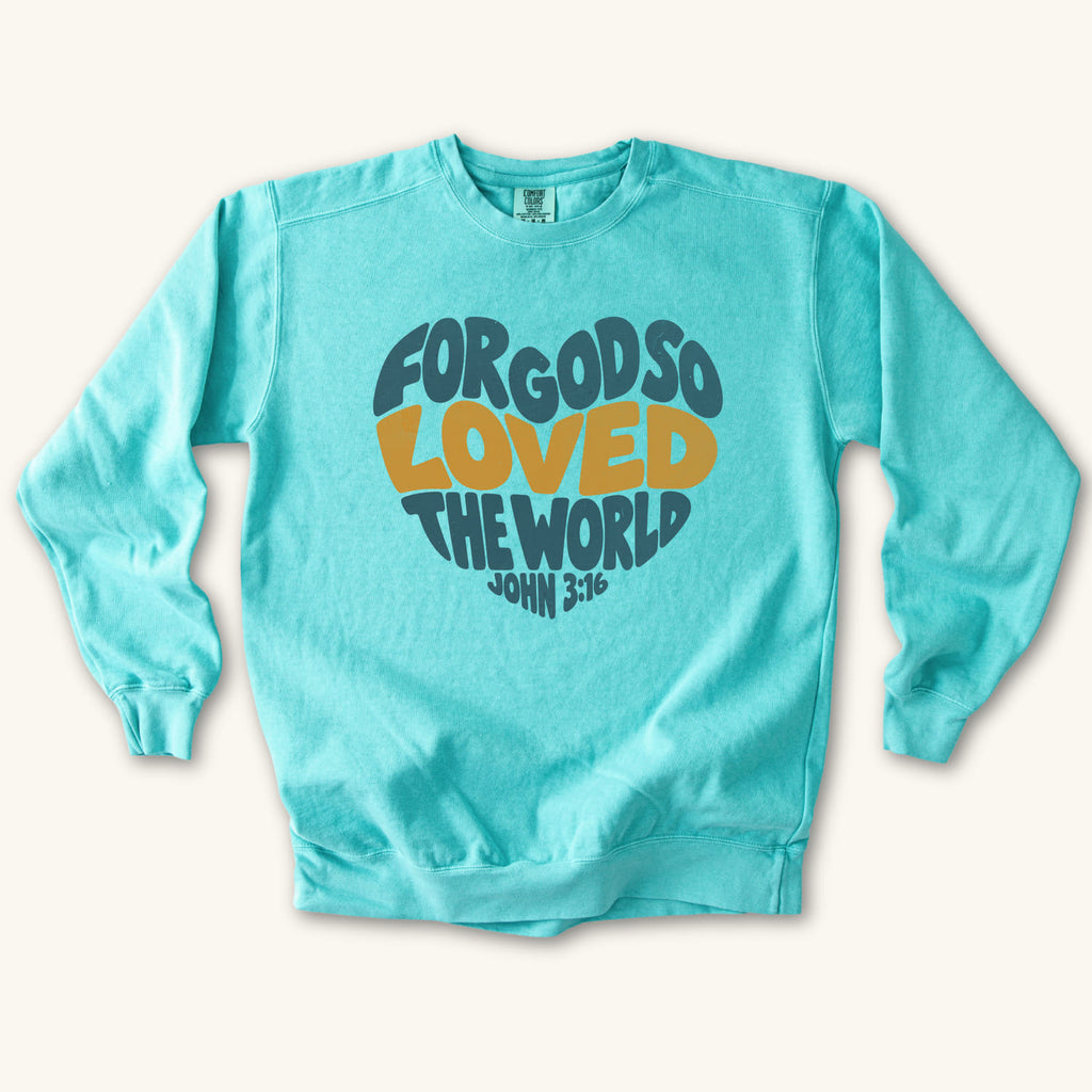 Chalky Mint John 3 16 Love Heart sweatshirt flat lay mockup, John 3:16 Christian apparel for women
