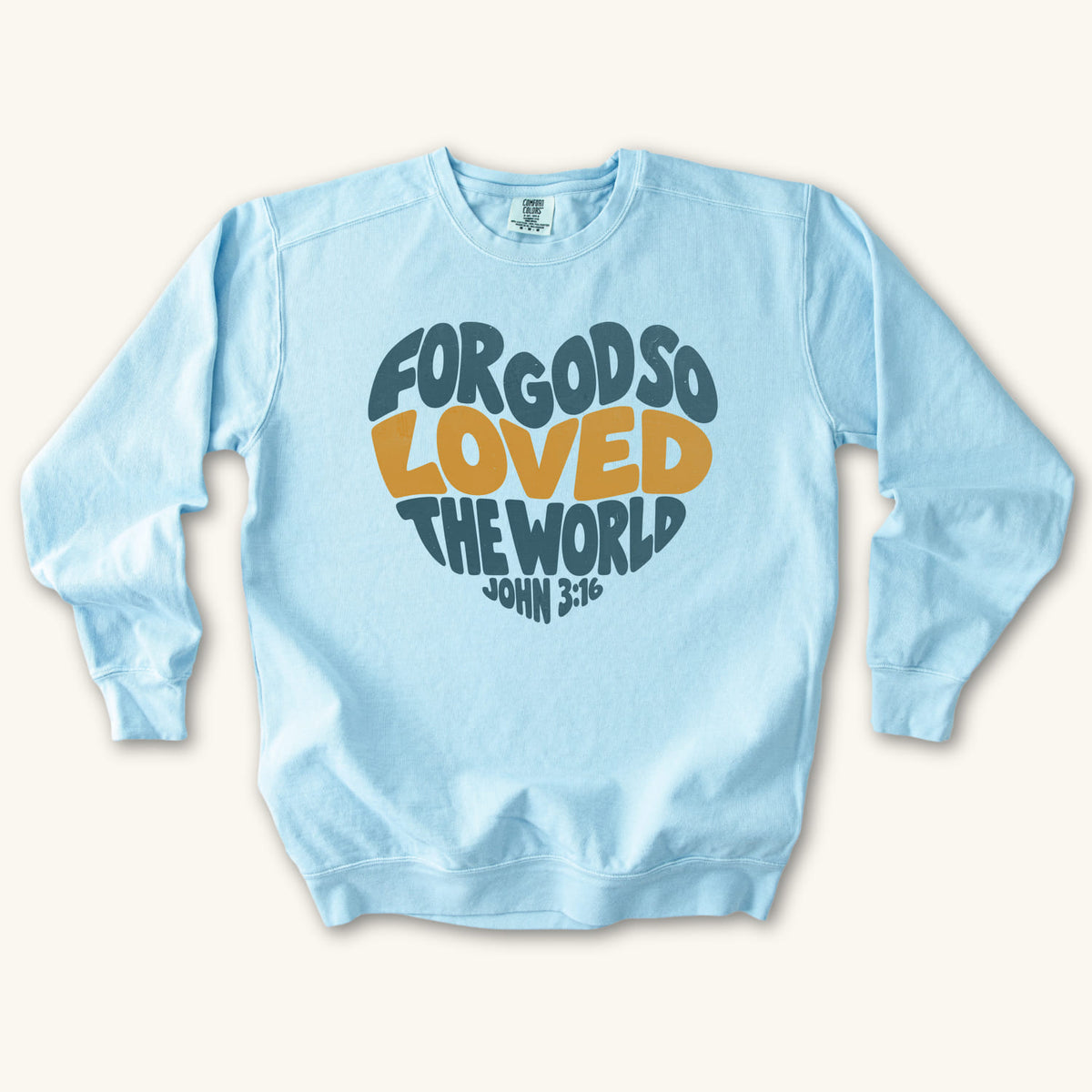 Chambray John 3 16 Love Heart sweatshirt flat lay mockup, John 3:16 Christian apparel for women
