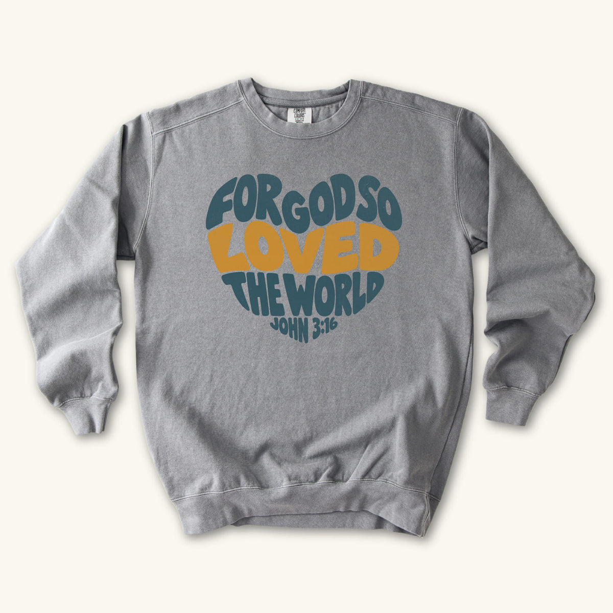 Grey John 3 16 Love Heart sweatshirt flat lay mockup, John 3:16 Christian apparel for women