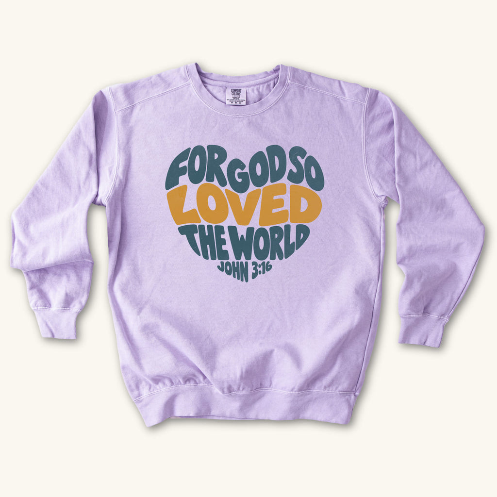 Orchid John 3 16 Love Heart sweatshirt flat lay mockup, John 3:16 Christian apparel for women