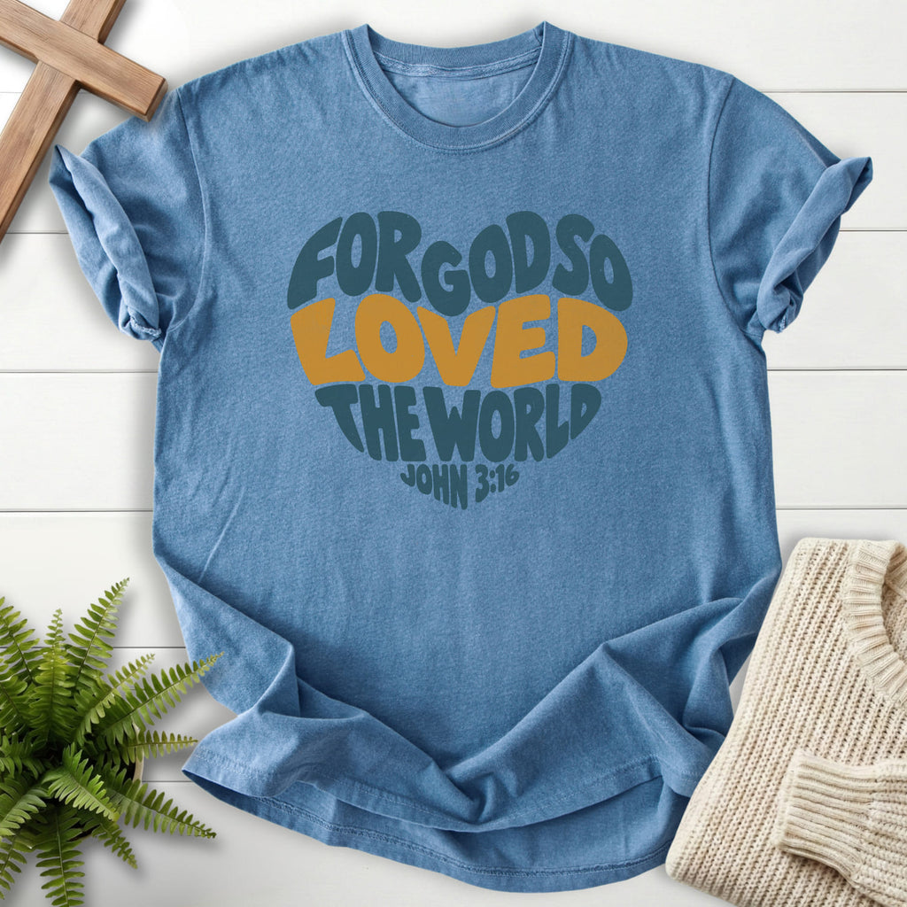 Blue Jean John 3 16 Love Heart T-shirt flat lay mockup, John 3:16 Christian apparel for women