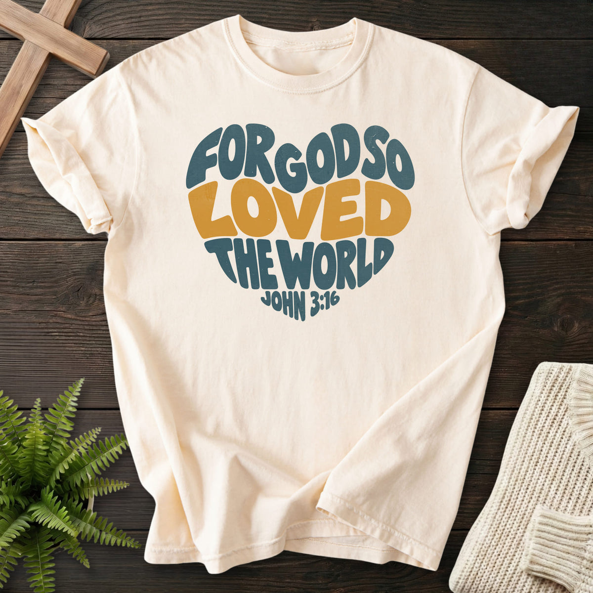 Ivory John 3 16 Love Heart T-shirt flat lay mockup, John 3:16 Christian apparel for women