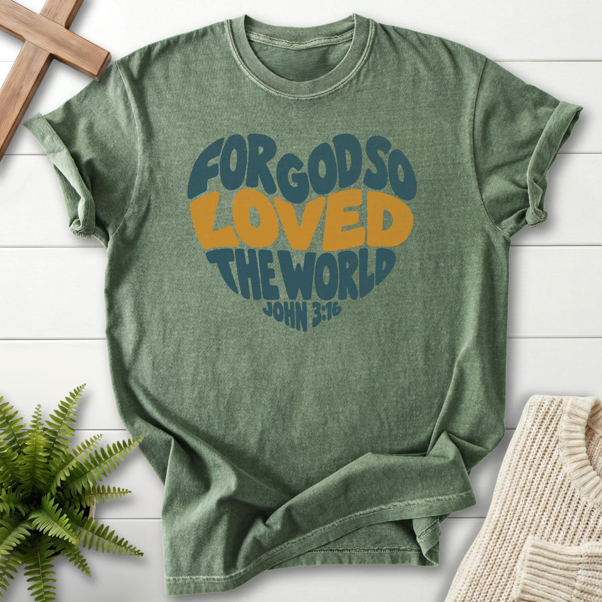 Moss John 3 16 Love Heart T-shirt flat lay mockup, John 3:16 Christian apparel for women