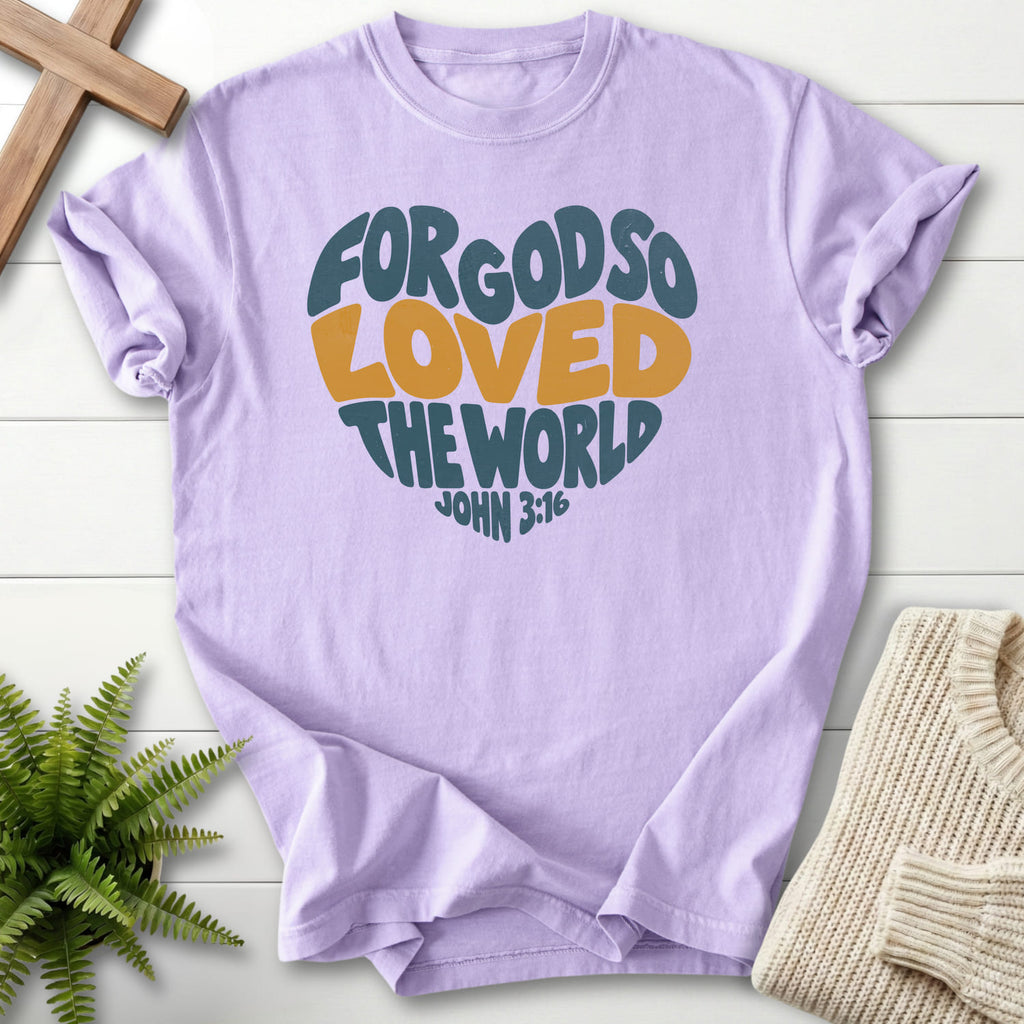 Orchid John 3 16 Love Heart T-shirt flat lay mockup, John 3:16 Christian apparel for women