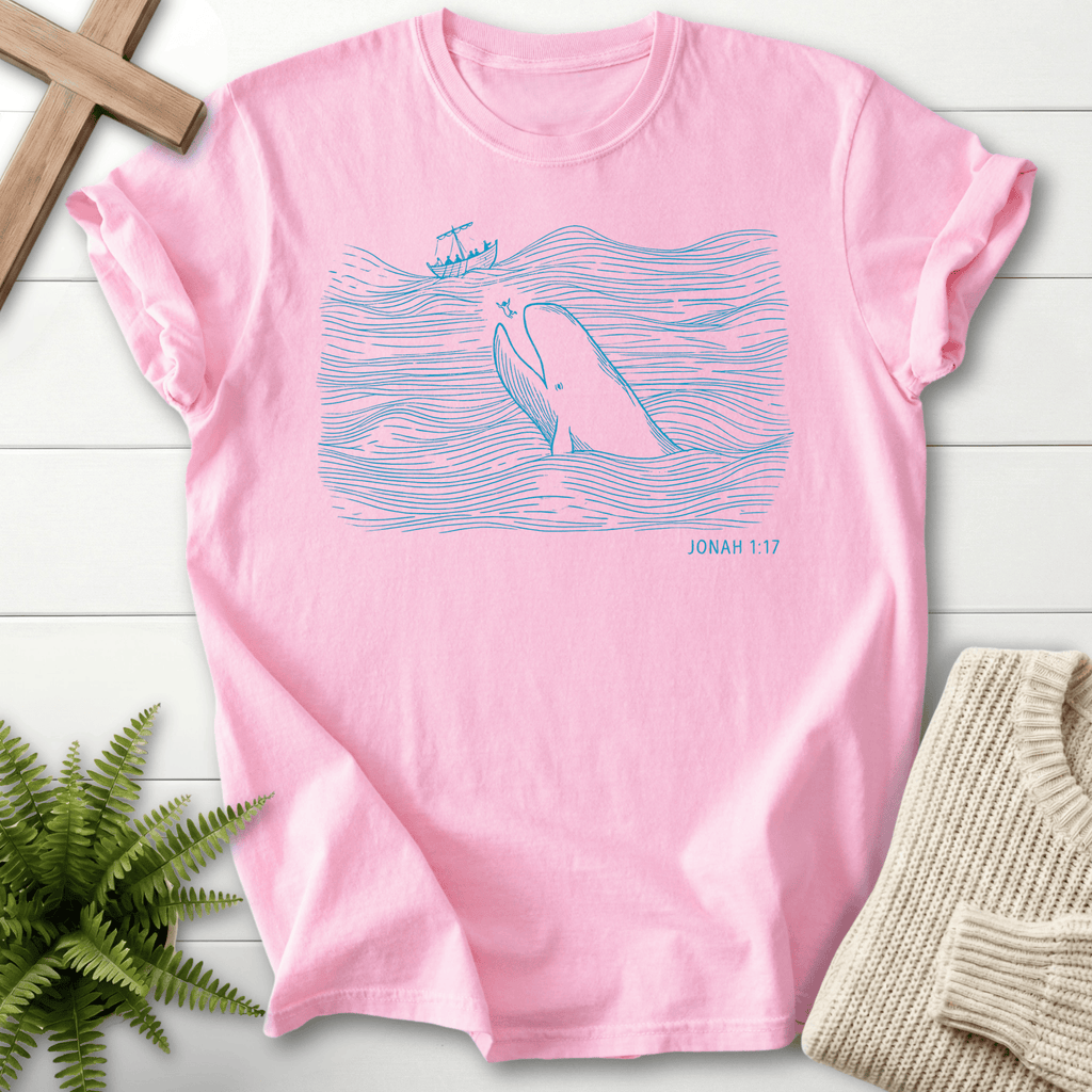 Blossom women's Christian t-shirt with a line-art whale surfacing from waves, inspired by Jonah 1:17
