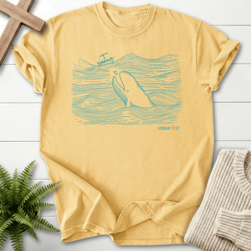 Butter women's Christian t-shirt with a minimalist Jonah whale ocean illustration, inspired by Jonah 1:17