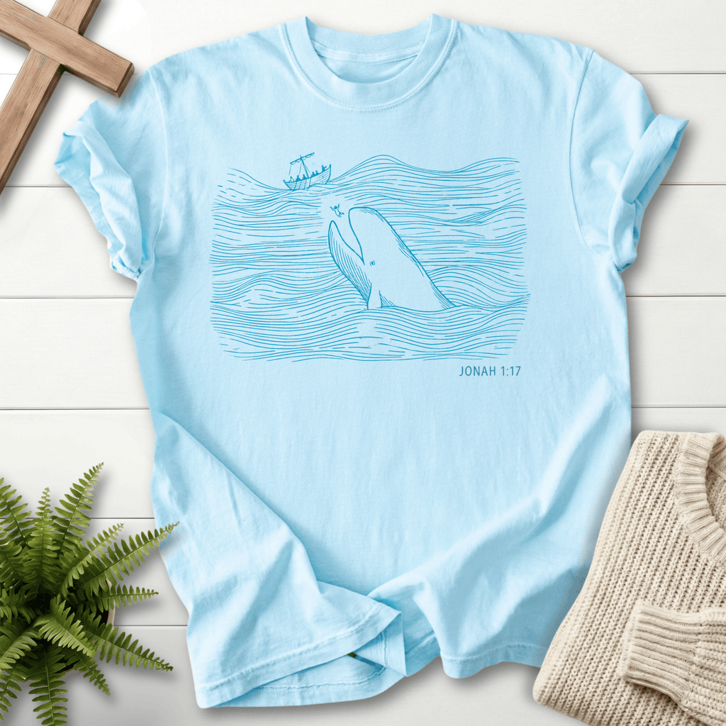 Chambray women's Christian t-shirt with a teal minimalist Jonah whale illustration, Comfort Colors 1717
