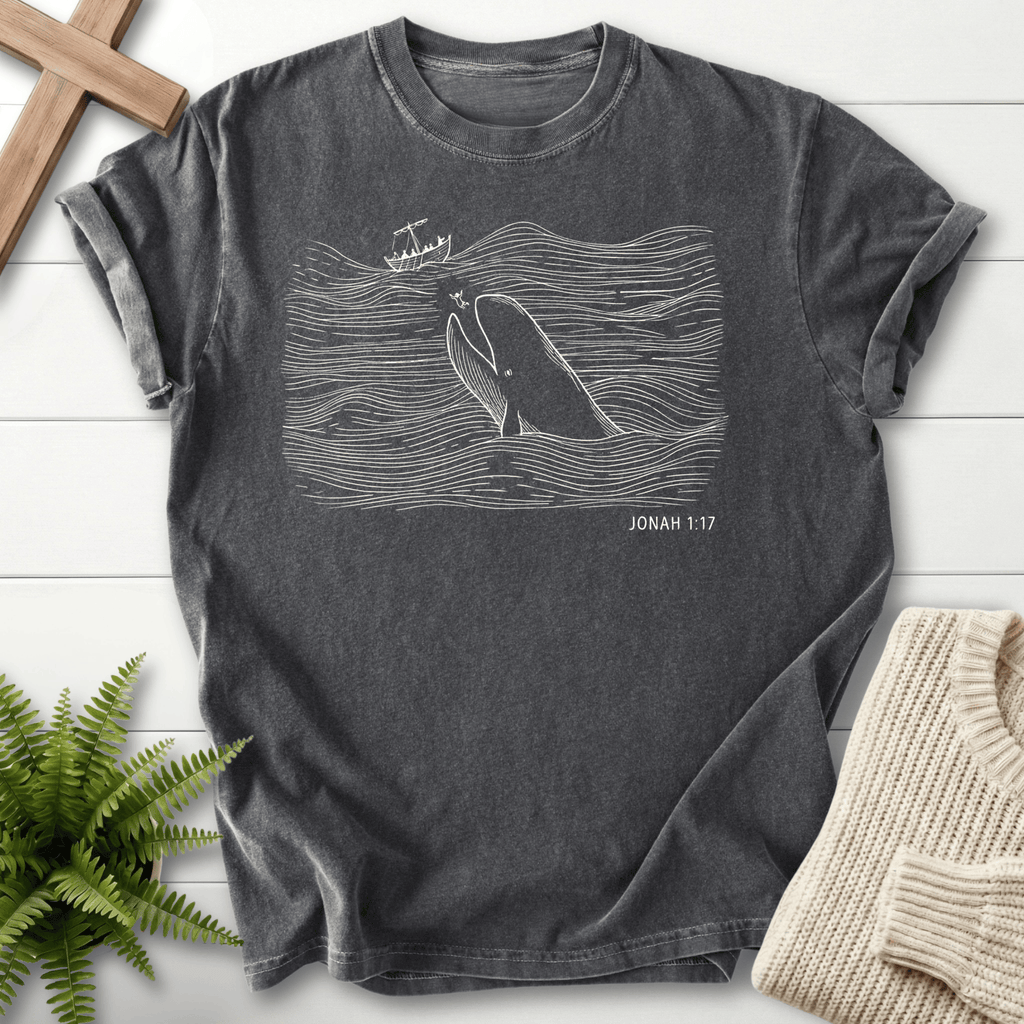 Pepper women's Christian t-shirt with minimalist whale and wave graphic, inspired by Jonah 1:17