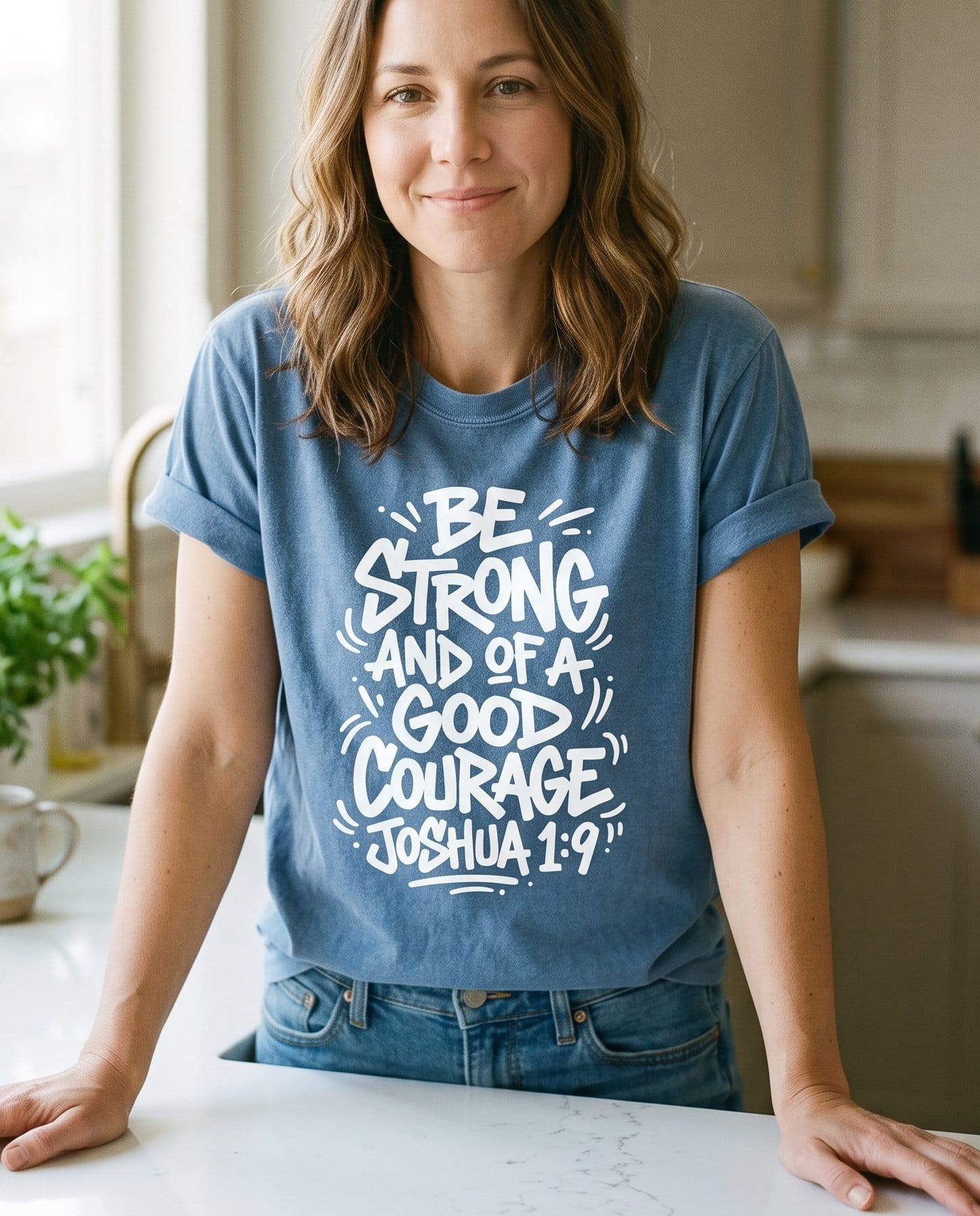 Be Strong and of a Good Courage Joshua 1:9 Bubble Letter – Blue Jean women's Christian tee, lifestyle photo in morning kitchen setting – Chunky hand-drawn bubble lettering 'Be Strong and of a Good Courage' f – Joshua 1:9 – She Wears Faith