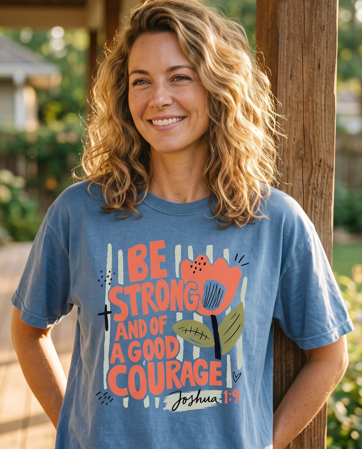 Be Strong and of a Good Courage Joshua 1:9 Retro Floral – Blue Jean women's Christian tee, lifestyle photo in sunny porch – Warm coral lettering on soft sage brushstrokes with a bold abstract Ma – Joshua 1:9 – She Wears Faith