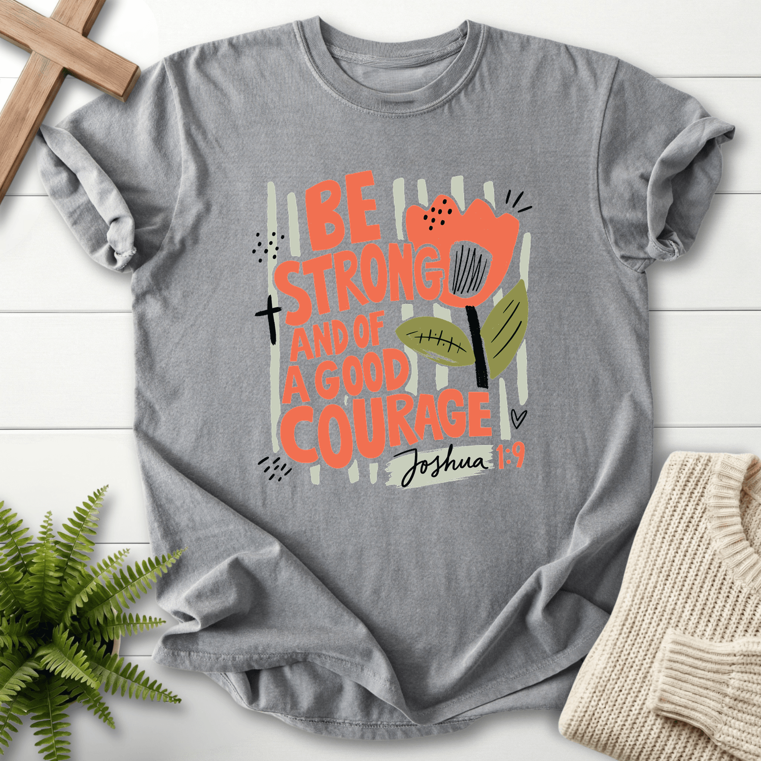 Joshua 1:9 Shirt Retro Floral Be Strong and of a Good Courage T-Shirt in Grey | She Wears Faith