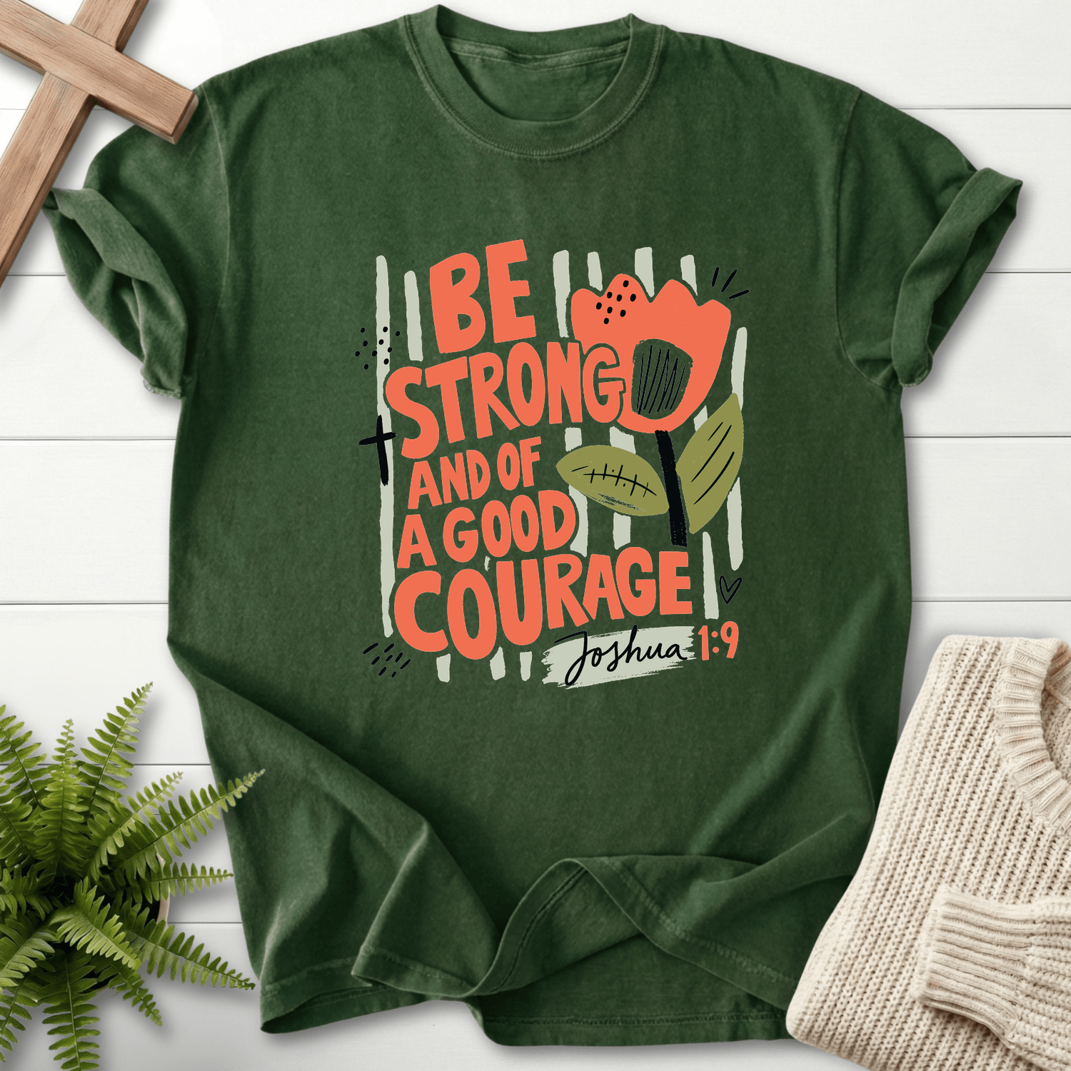 Joshua 1:9 Shirt Retro Floral Be Strong and of a Good Courage T-Shirt in Hemp | She Wears Faith