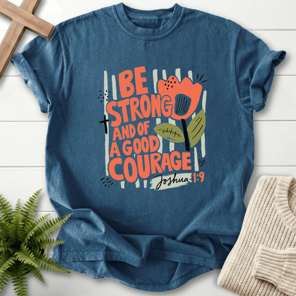 Joshua 1:9 Shirt Retro Floral Be Strong and of a Good Courage T-Shirt in Midnight | She Wears Faith