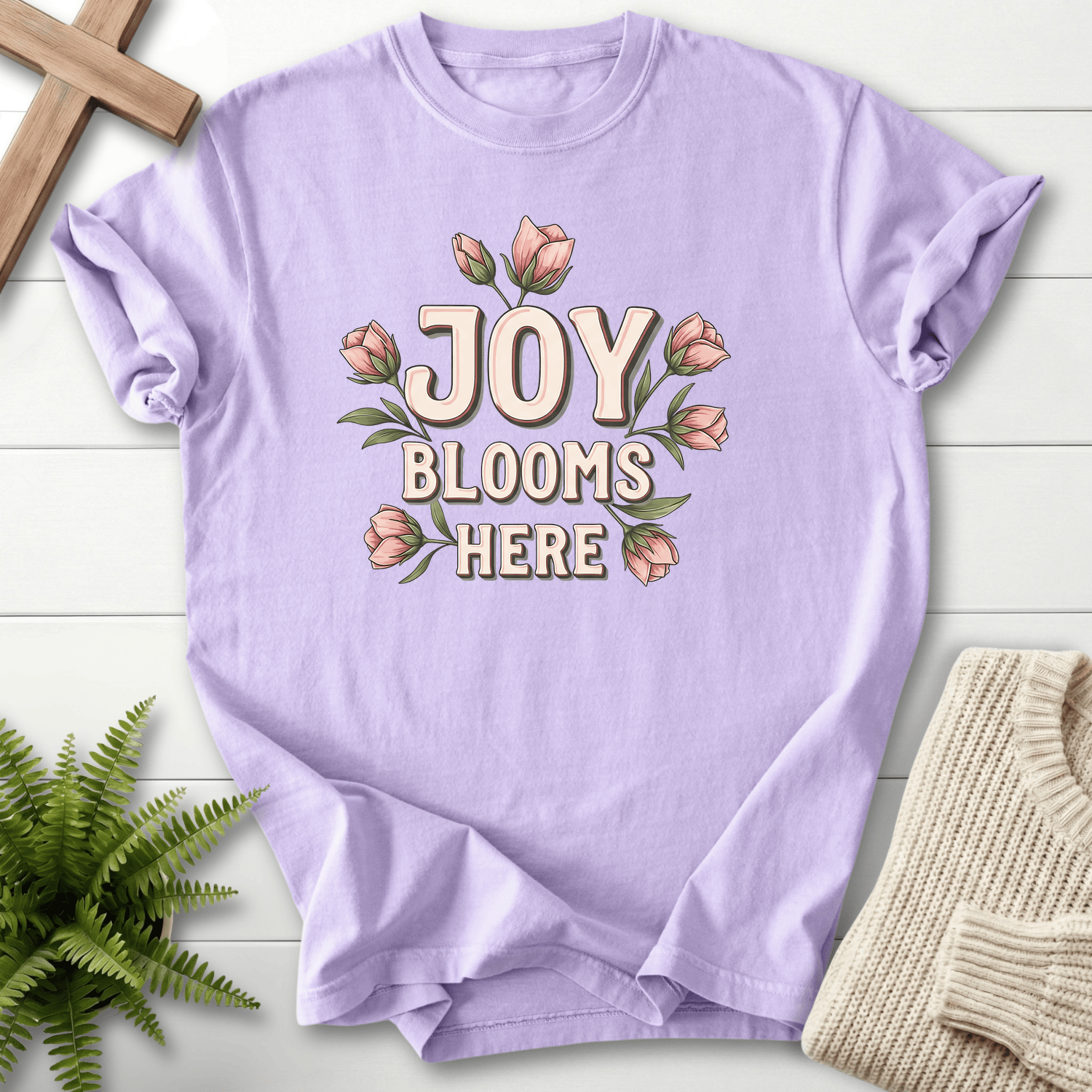 Orchid women's Christian t-shirt with "Joy Blooms Here" retro block letters and a pink tulip wreath, Comfort Colors 1717
