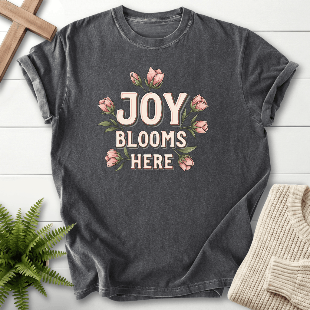 Pepper women's Christian t-shirt with pink floral lettering and tulip accents in a retro layout.