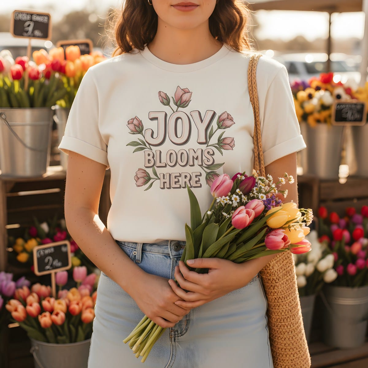 Woman holding a bouquet of tulips at an outdoor flower market wearing a Comfort Colors 1717 ivory “Joy Blooms Here” t-shirt. A cheerful women’s scripture tee — uplifting faith-based apparel for women and stylish modern Christian shirt, perfect Christian mom gift idea.