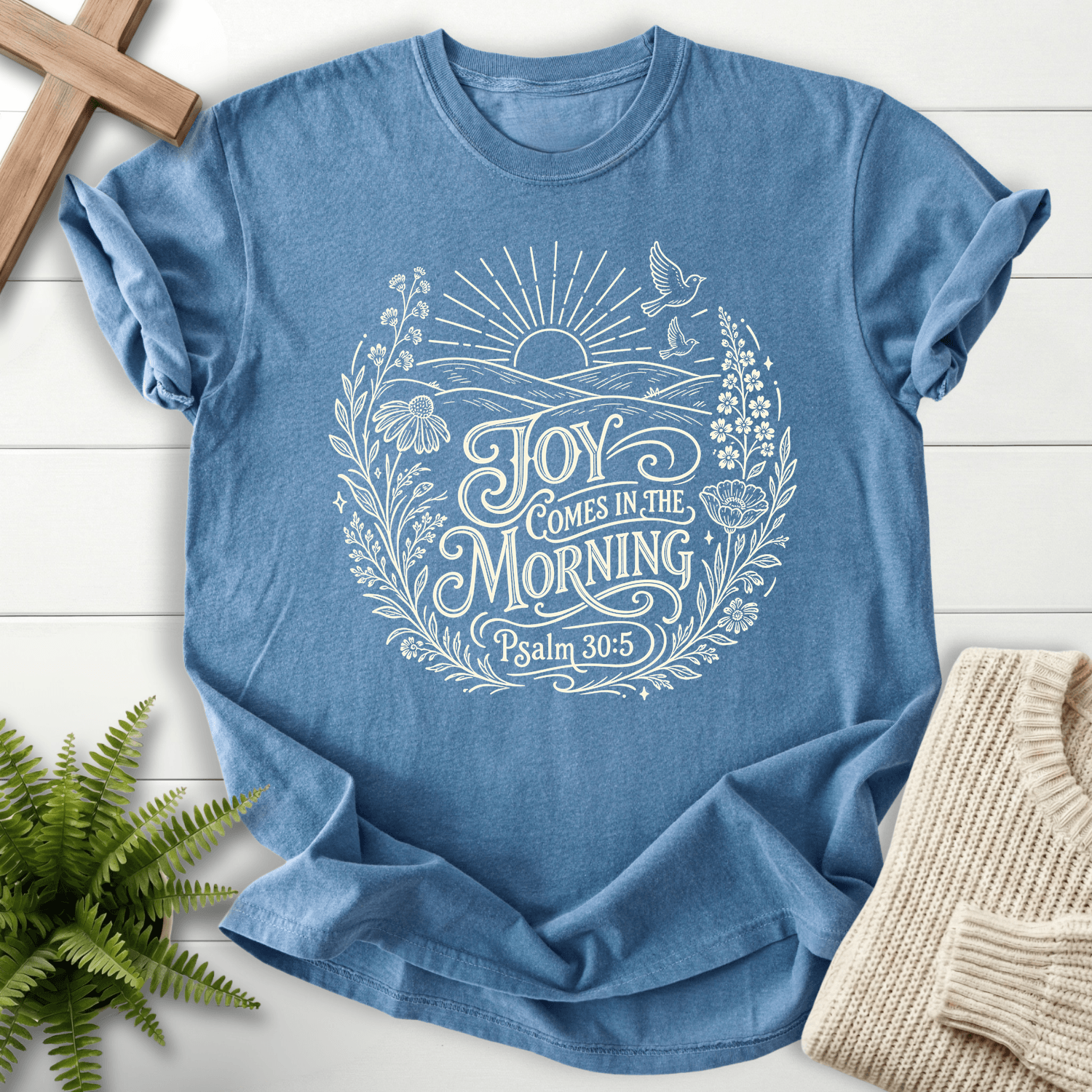Joy Come In The Morning Wildflower T-Shirt in Blue Jean | She Wears Faith