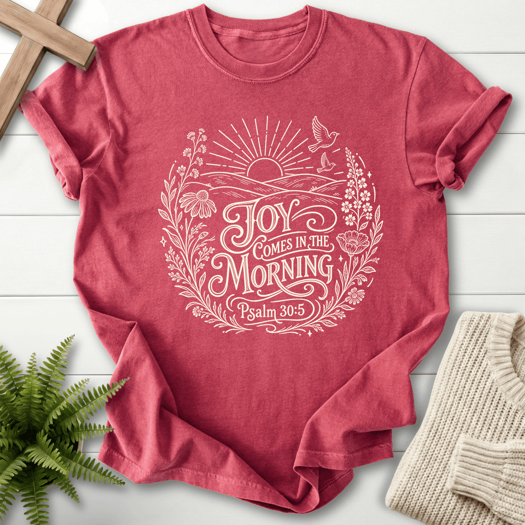 Joy Come In The Morning Wildflower T-Shirt in Crimson | She Wears Faith