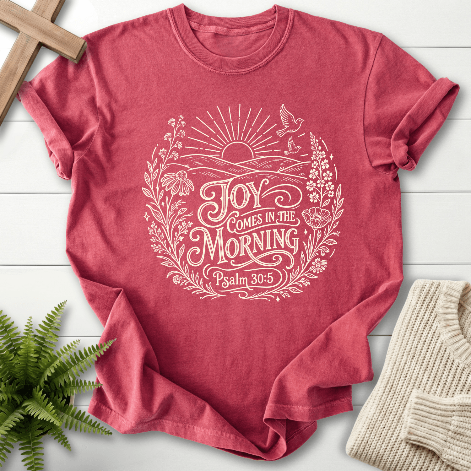 Joy Come In The Morning Wildflower T-Shirt in Crimson | She Wears Faith