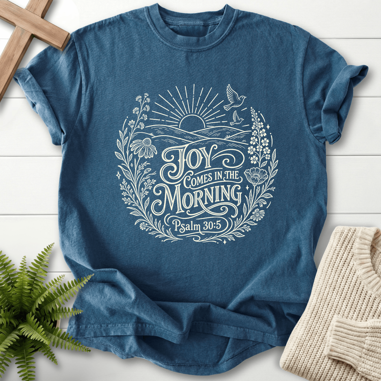 Joy Come In The Morning Wildflower T-Shirt in Midnight | She Wears Faith