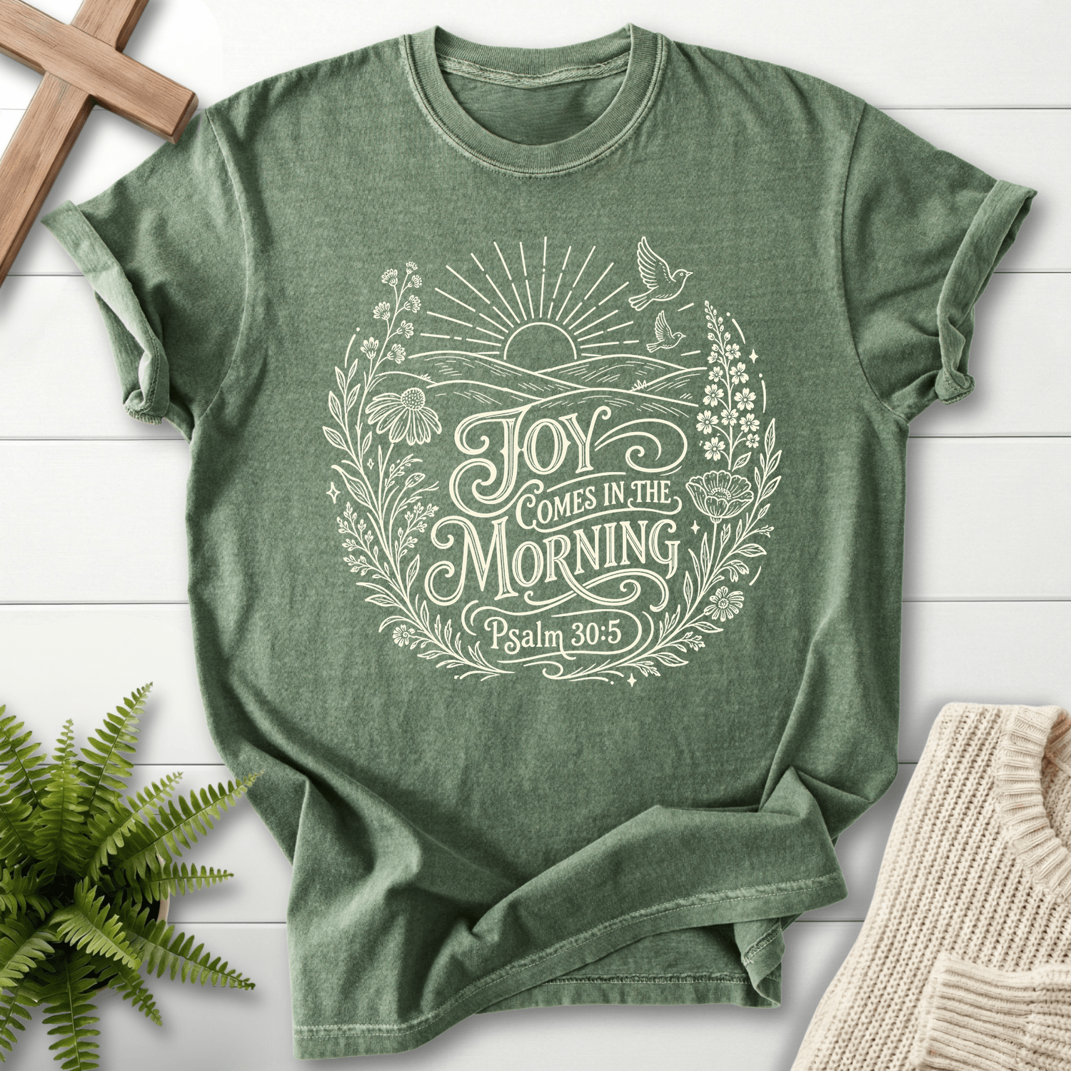 Joy Come In The Morning Wildflower T-Shirt in Moss | She Wears Faith